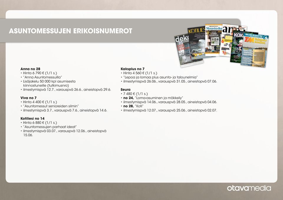 OdOtus * VauVa * Leikki-ikä * koululainen Lainen Anna no 28 Hinta 6 790 (1/1 s.) Anna Asuntomessuilla Lisäjakelu 50 000 kpl asumisesta kiinnostuneille (tutkimusnro) ilmestymispvä 12.7., varauspvä 26.