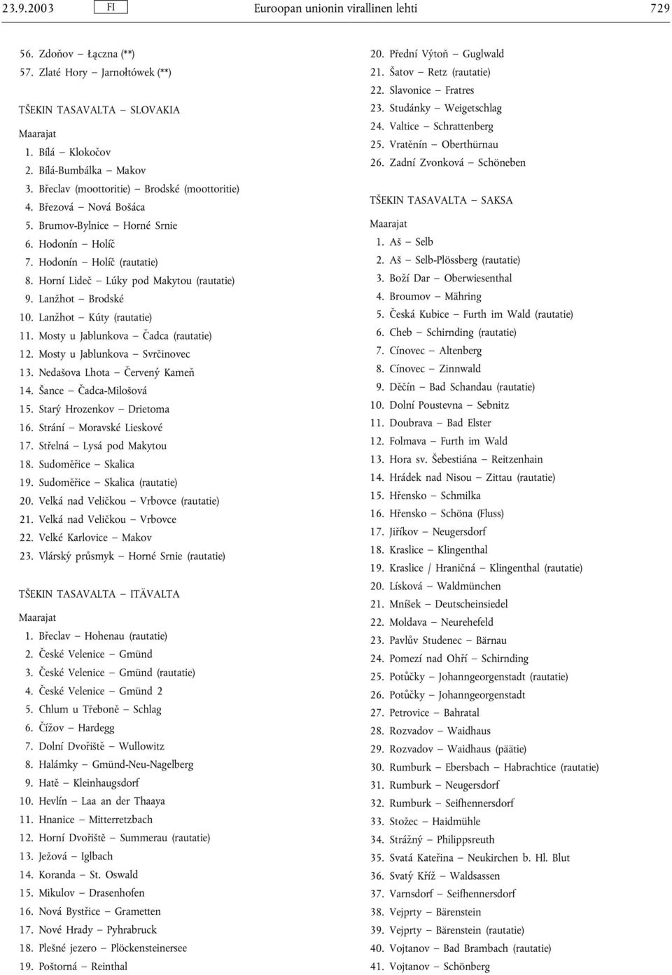 Lanžhot Brodské 10. Lanžhot Kúty (rautatie) 11. Mosty u Jablunkova Čadca (rautatie) 12. Mosty u Jablunkova Svrčinovec 13. Nedašova Lhota Červený Kameň 14. Šance Čadca-Milošová 15.