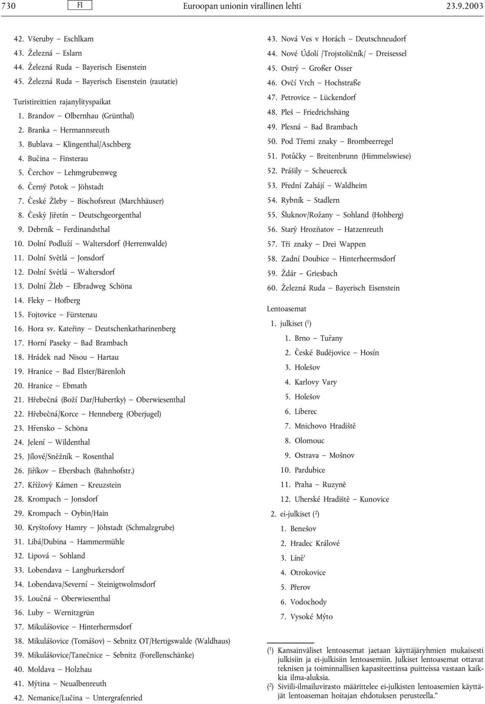 Čerchov Lehmgrubenweg 6. Černý Potok Jöhstadt 7. České Žleby Bischofsreut (Marchhäuser) 8. Český Jiřetín Deutschgeorgenthal 9. Debrník Ferdinandsthal 10. Dolní Podluží Waltersdorf (Herrenwalde) 11.