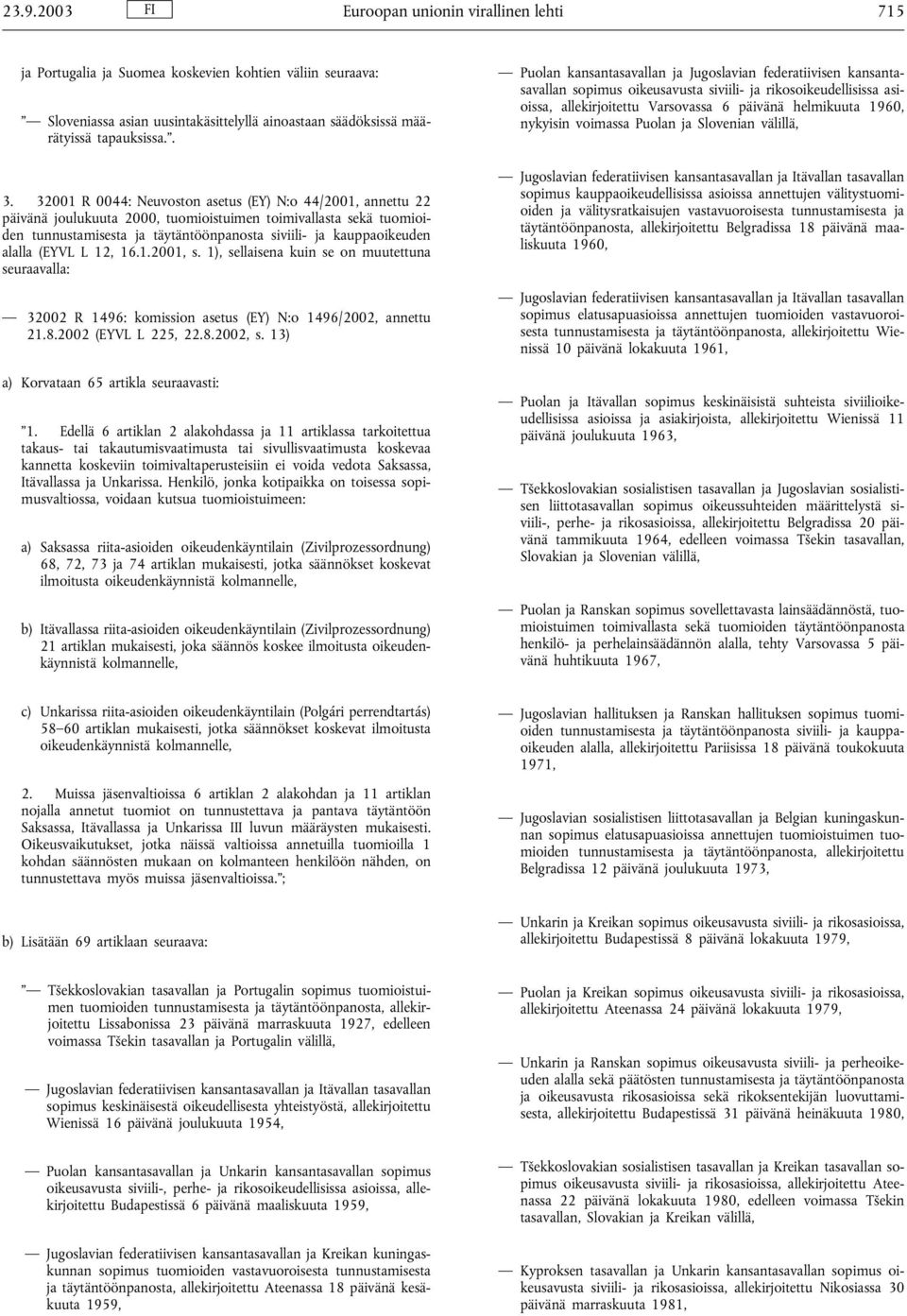 alalla (EYVL L 12, 16.1.2001, s. 1), sellaisena kuin se on muutettuna seuraavalla: 32002 R 1496: komission asetus (EY) N:o 1496/2002, annettu 21.8.2002 (EYVL L 225, 22.8.2002, s.