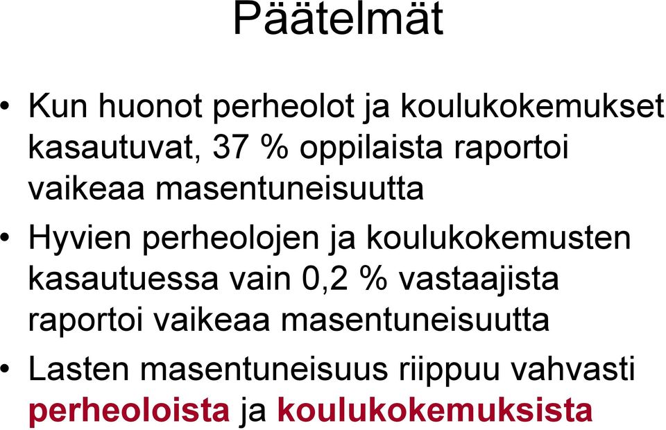 koulukokemusten kasautuessa vain 0,2 % vastaajista raportoi vaikeaa