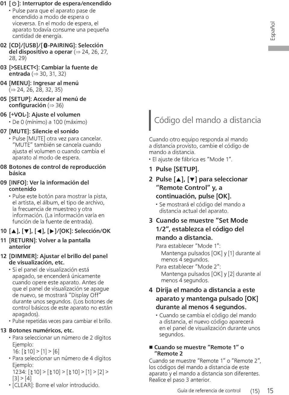 05 [SETUP]: Acceder al menú de configuración ( 36) 06 [+VOL-]: Ajuste el volumen De 0 (mínimo) a 100 (máximo) 07 [MUTE]: Silencie el sonido Pulse [MUTE] otra vez para cancelar.