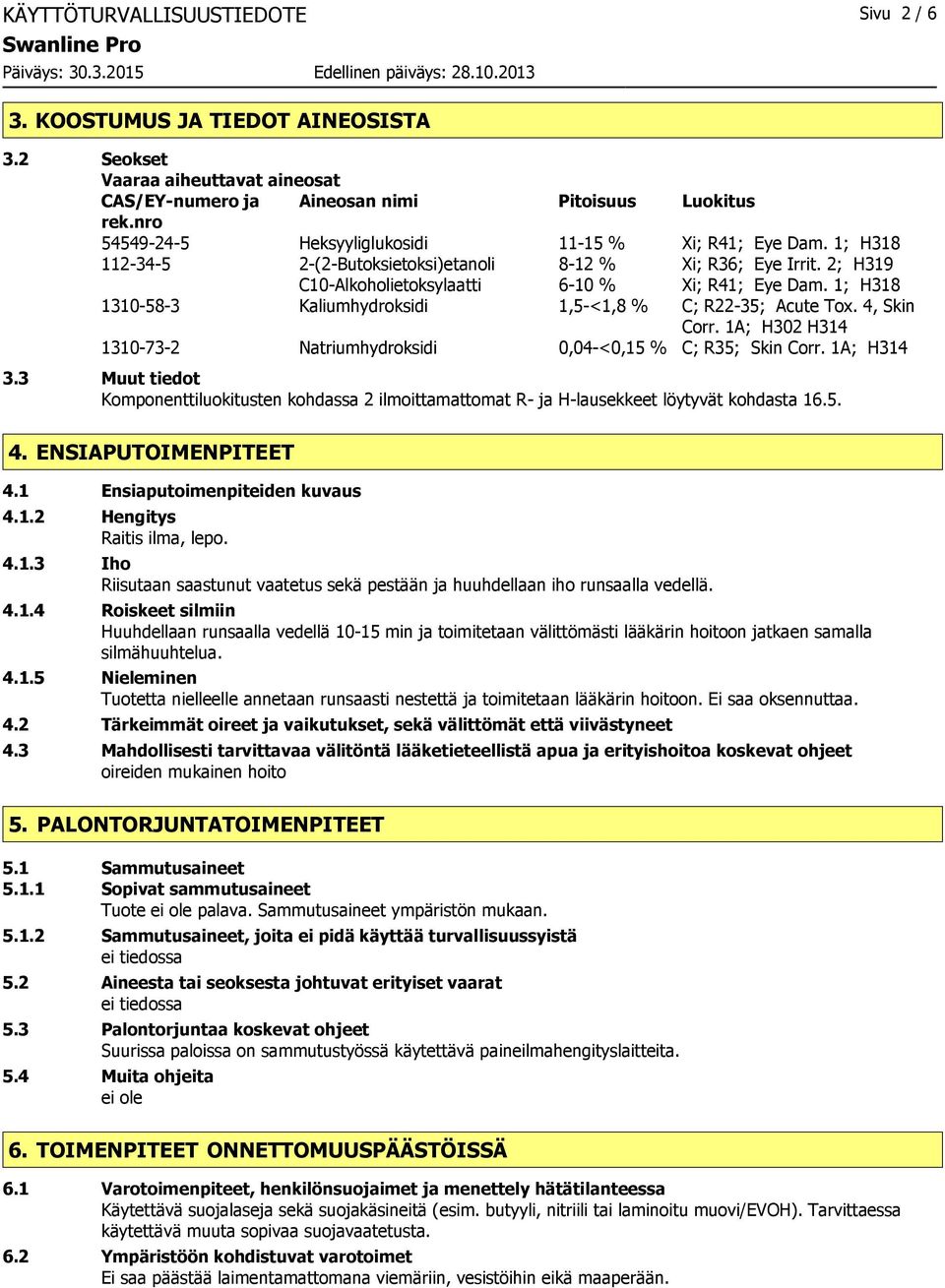 1; H318 1310-58-3 Kaliumhydroksidi 1,5-<1,8 % C; R22-35; Acute Tox. 4, Skin Corr. 1A; H302 H314 1310-73-2 Natriumhydroksidi 0,04-<0,15 % C; R35; Skin Corr. 1A; H314 3.