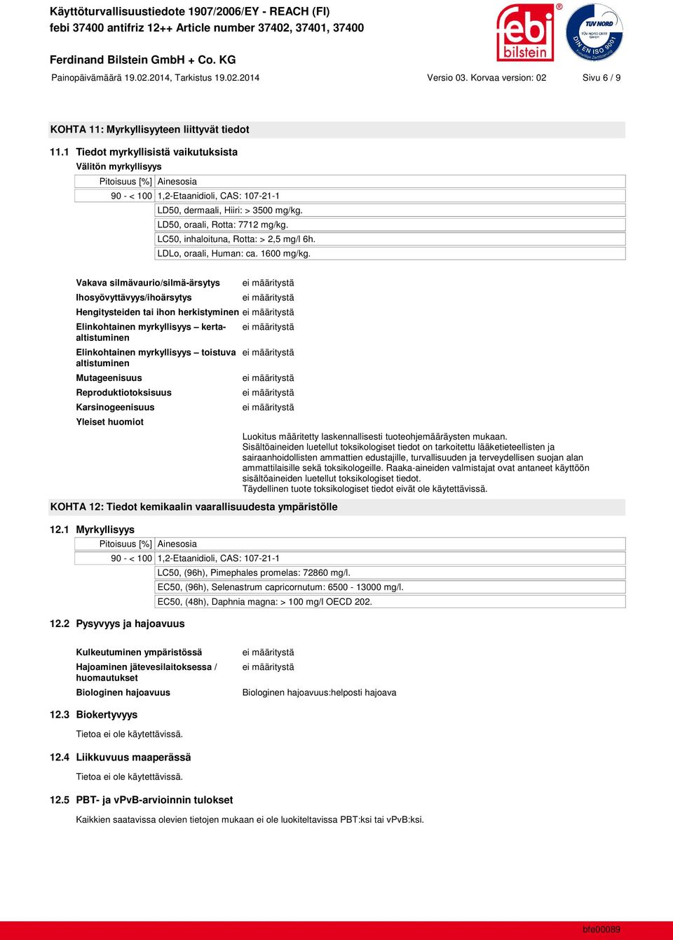 LC50, inhaloituna, Rotta: > 2,5 mg/l 6h. LDLo, oraali, Human: ca. 1600 mg/kg.