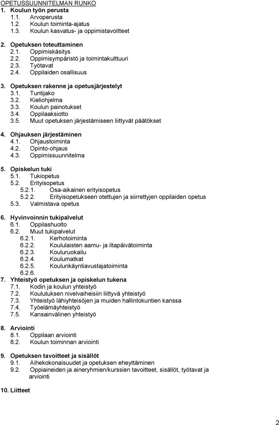 Muut opetuksen järjestämiseen liittyvät päätökset 4. Ohjauksen järjestäminen 4.1. Ohjaustoiminta 4.2. Opinto-ohjaus 4.3. Oppimissuunnitelma 5. Opiskelun tuki 5.1. Tukiopetus 5.2. Erityisopetus 5.2.1. Osa-aikainen erityisopetus 5.