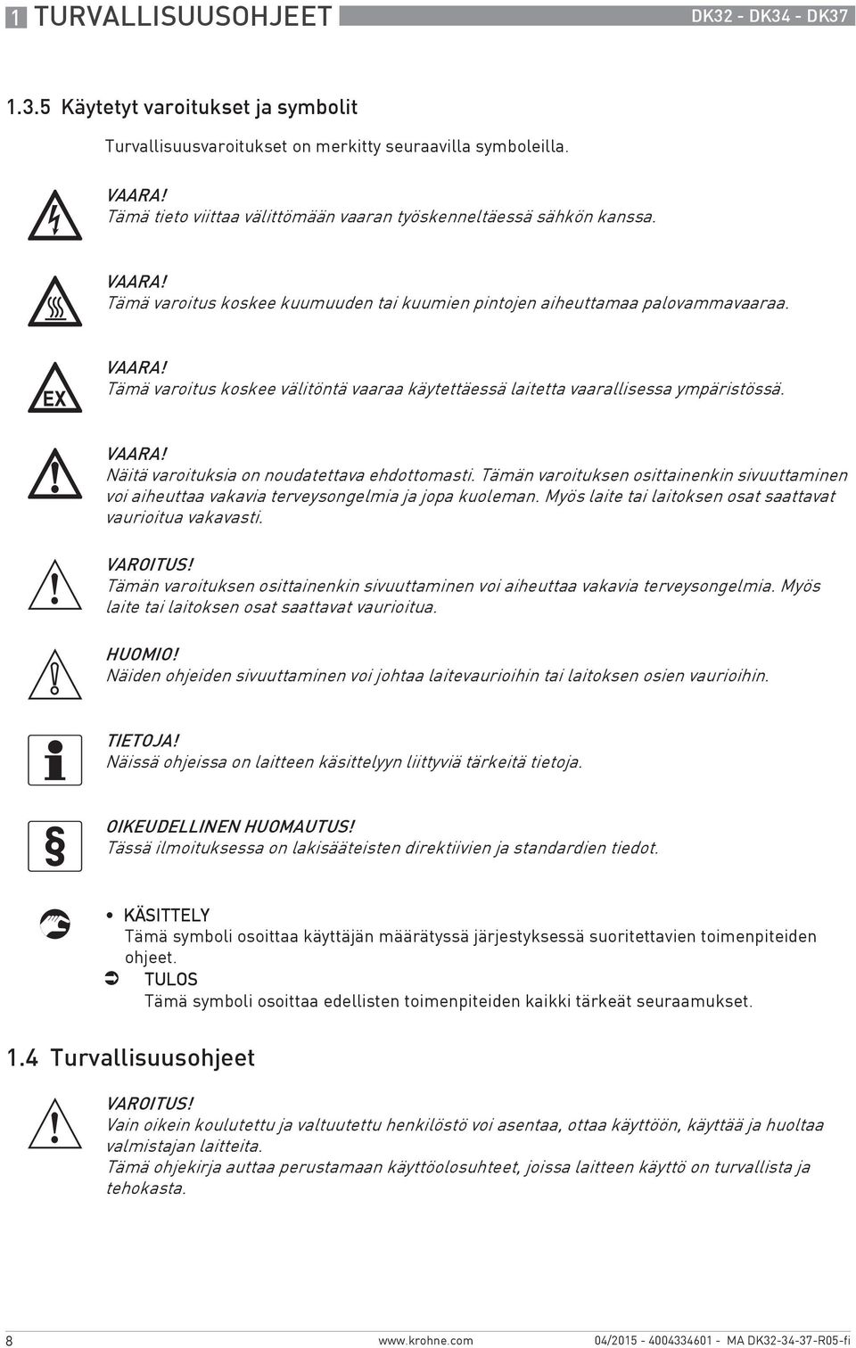 VAARA! Näitä varoituksia on noudatettava ehdottomasti. Tämän varoituksen osittainenkin sivuuttaminen voi aiheuttaa vakavia terveysongelmia ja jopa kuoleman.