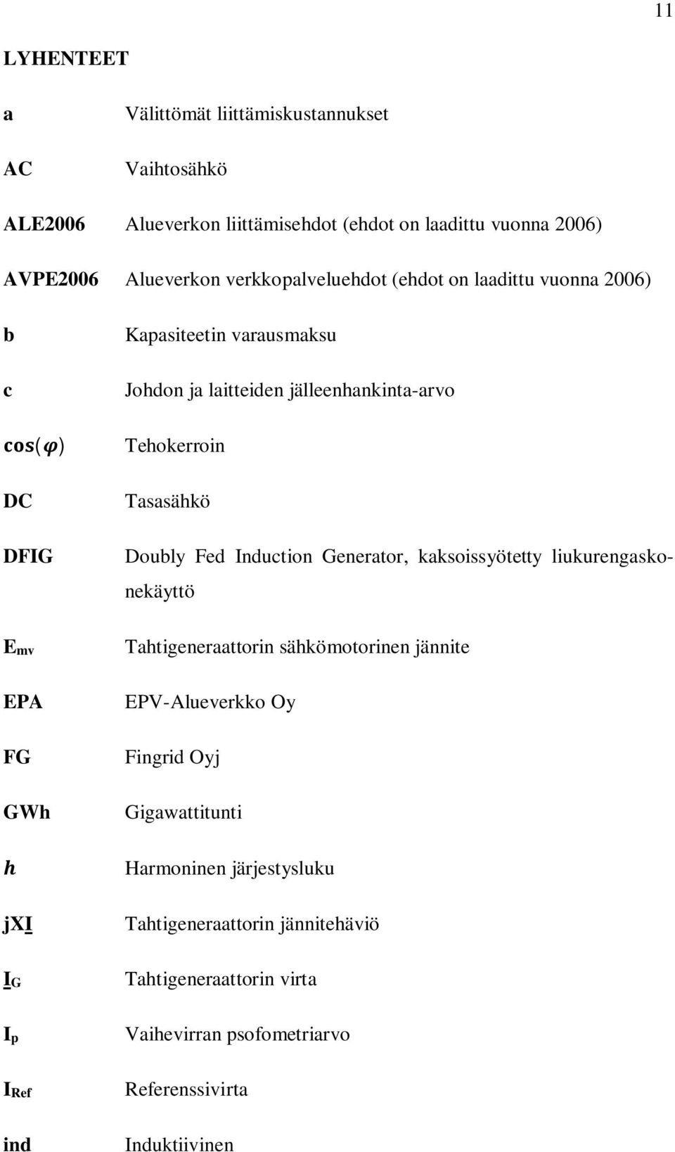 Doubly Fed Induction Generator, kaksoissyötetty liukurengaskonekäyttö Emv Tahtigeneraattorin sähkömotorinen jännite EPA FG GWh jxi EPV-Alueverkko Oy Fingrid