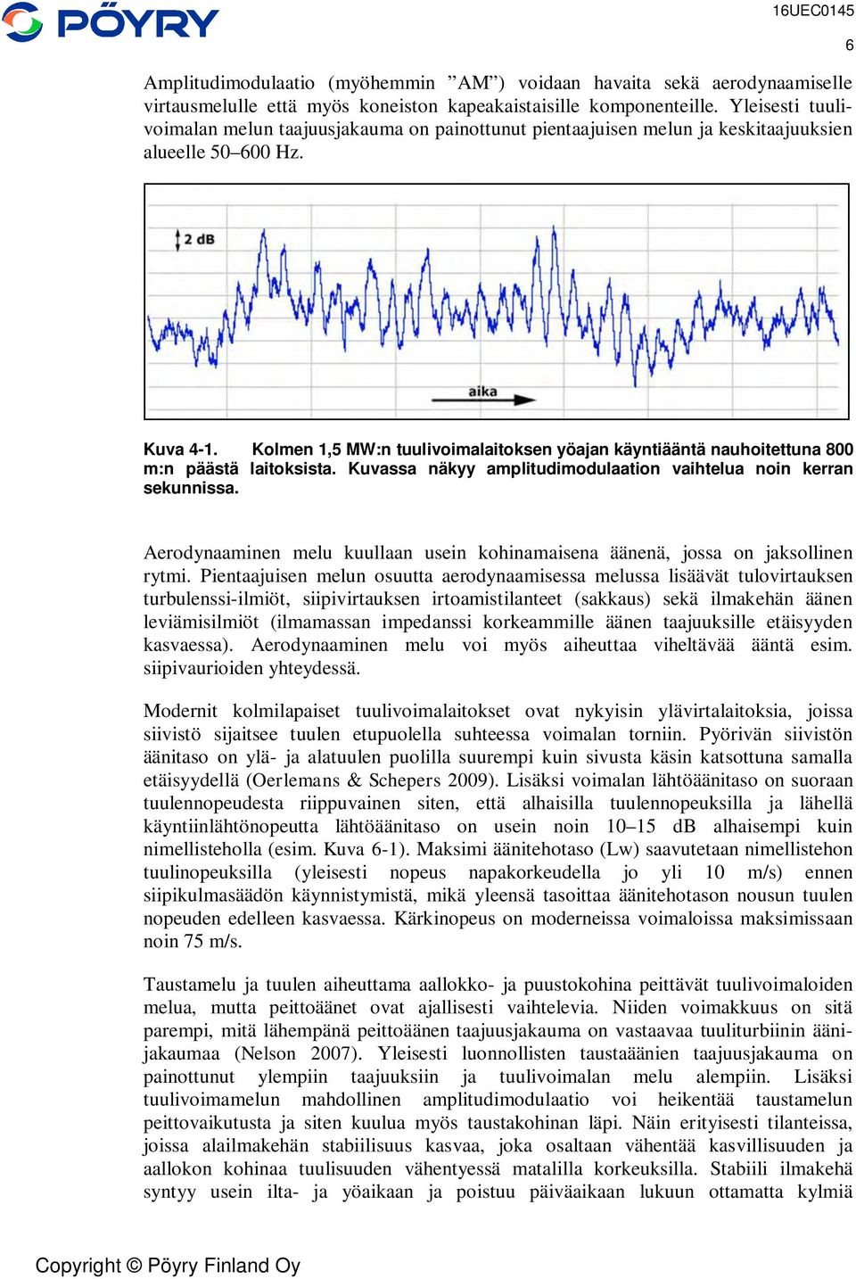 Kolmen 1,5 MW:n tuulivoimalaitoksen yöajan käyntiääntä nauhoitettuna 800 m:n päästä laitoksista. Kuvassa näkyy amplitudimodulaation vaihtelua noin kerran sekunnissa.