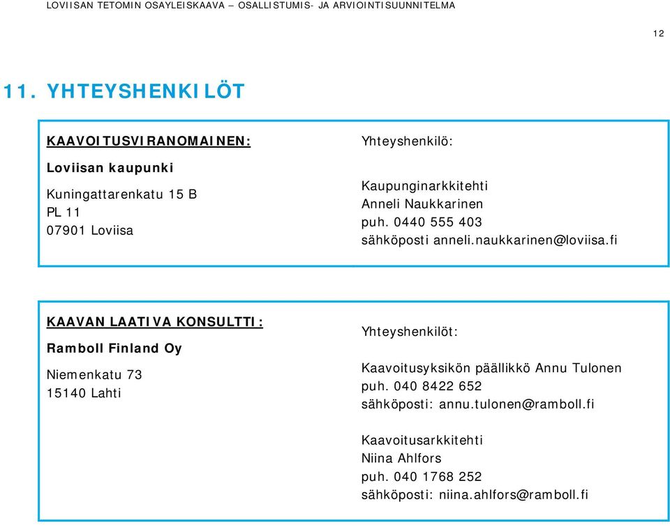 Kaupunginarkkitehti Anneli Naukkarinen puh. 0440 555 403 sähköposti anneli.naukkarinen@loviisa.