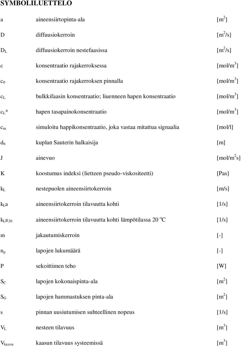 signaalia [mol/l] d b kuplan Sauterin halkaisija [m] J ainevuo [mol/m 2 s] K koostumus indeksi (lietteen pseudo-viskositeetti) [Pas] k L nestepuolen aineensiirtokerroin [m/s] k L a