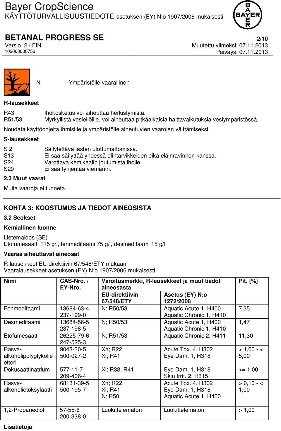 S-lausekkeet S 2 Säilytettävä lasten ulottumattomissa. S13 Ei saa säilyttää yhdessä elintarvikkeiden eikä eläinravinnon kanssa. S24 Varottava kemikaalin joutumista iholle.