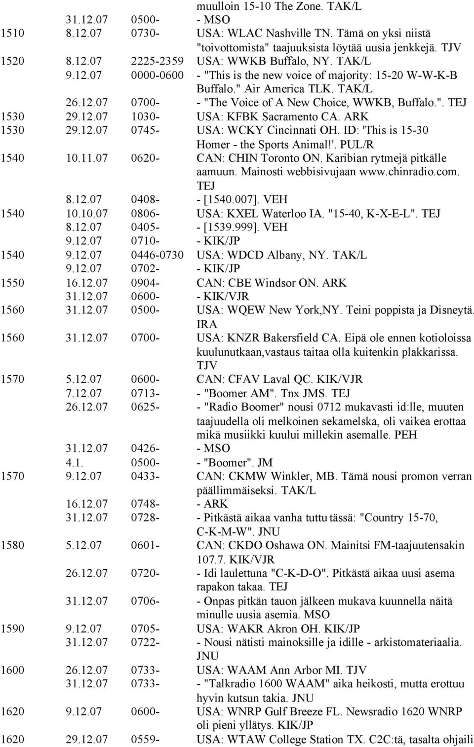 ARK 1530 29.12.07 0745- USA: WCKY Cincinnati OH. ID: 'This is 15-30 Homer - the Sports Animal!'. PUL/R 1540 10.11.07 0620- CAN: CHIN Toronto ON. Karibian rytmejä pitkälle aamuun.