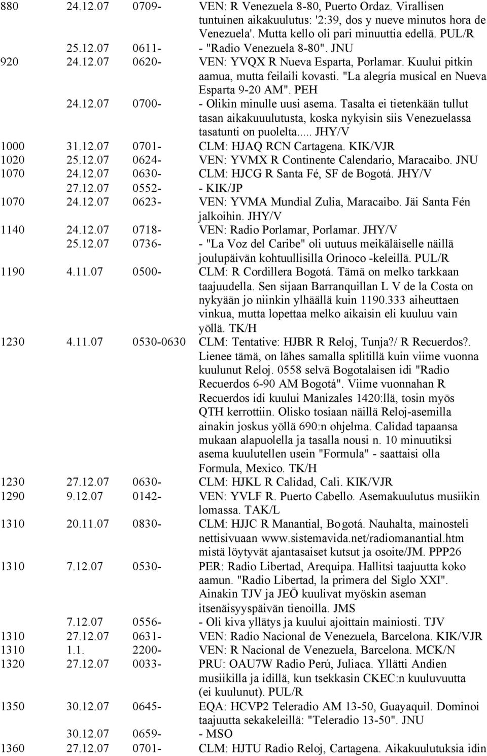 Tasalta ei tietenkään tullut tasan aikakuuulutusta, koska nykyisin siis Venezuelassa tasatunti on puolelta... JHY/V 1000 31.12.07 0701- CLM: HJAQ RCN Cartagena. KIK/VJR 1020 25.12.07 0624- VEN: YVMX R Continente Calendario, Maracaibo.