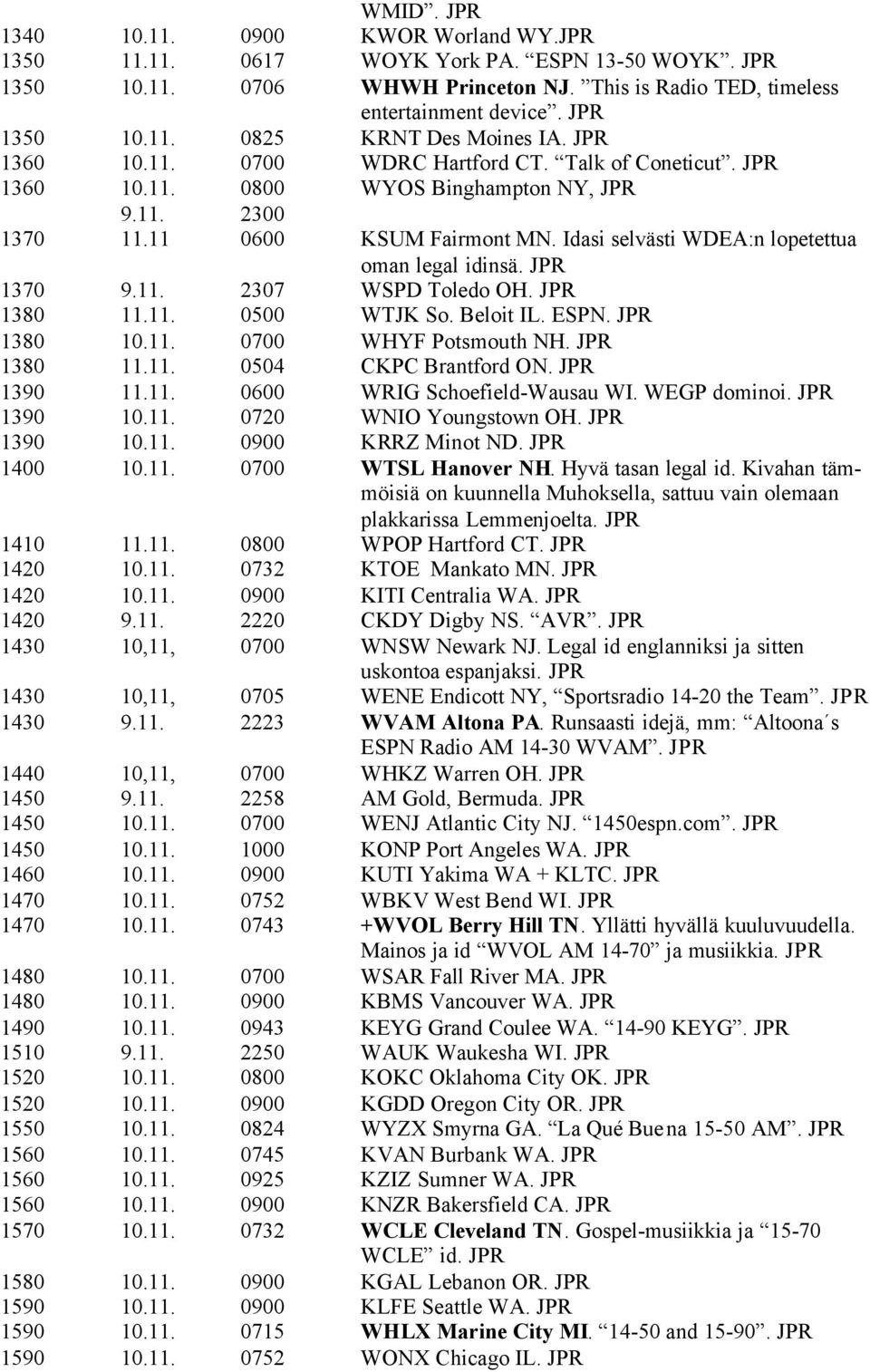 JPR 1370 9.11. 2307 WSPD Toledo OH. JPR 1380 11.11. 0500 WTJK So. Beloit IL. ESPN. JPR 1380 10.11. 0700 WHYF Potsmouth NH. JPR 1380 11.11. 0504 CKPC Brantford ON. JPR 1390 11.11. 0600 WRIG Schoefield-Wausau WI.