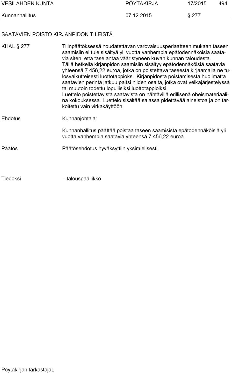 siten, että tase antaa vääristyneen kuvan kunnan taloudesta. Tällä hetkellä kirjanpidon saamisiin sisältyy epätodennäköisiä saatavia yhteensä 7.