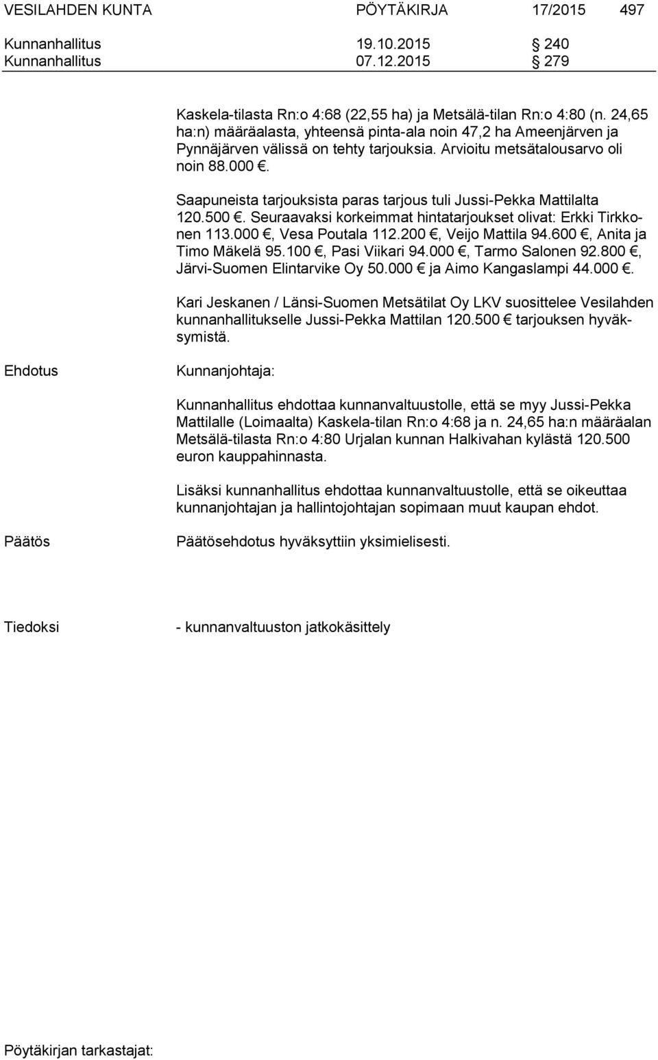 Saapuneista tarjouksista paras tarjous tuli Jussi-Pekka Mattilalta 120.500. Seuraavaksi korkeimmat hintatarjoukset olivat: Erkki Tirkkonen 113.000, Vesa Poutala 112.200, Veijo Mattila 94.