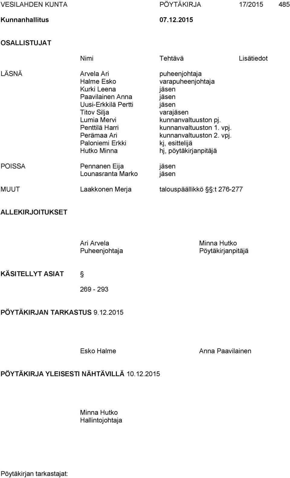 varajäsen Lumia Mervi kunnanvaltuuston pj. Penttilä Harri kunnanvaltuuston 1. vpj.