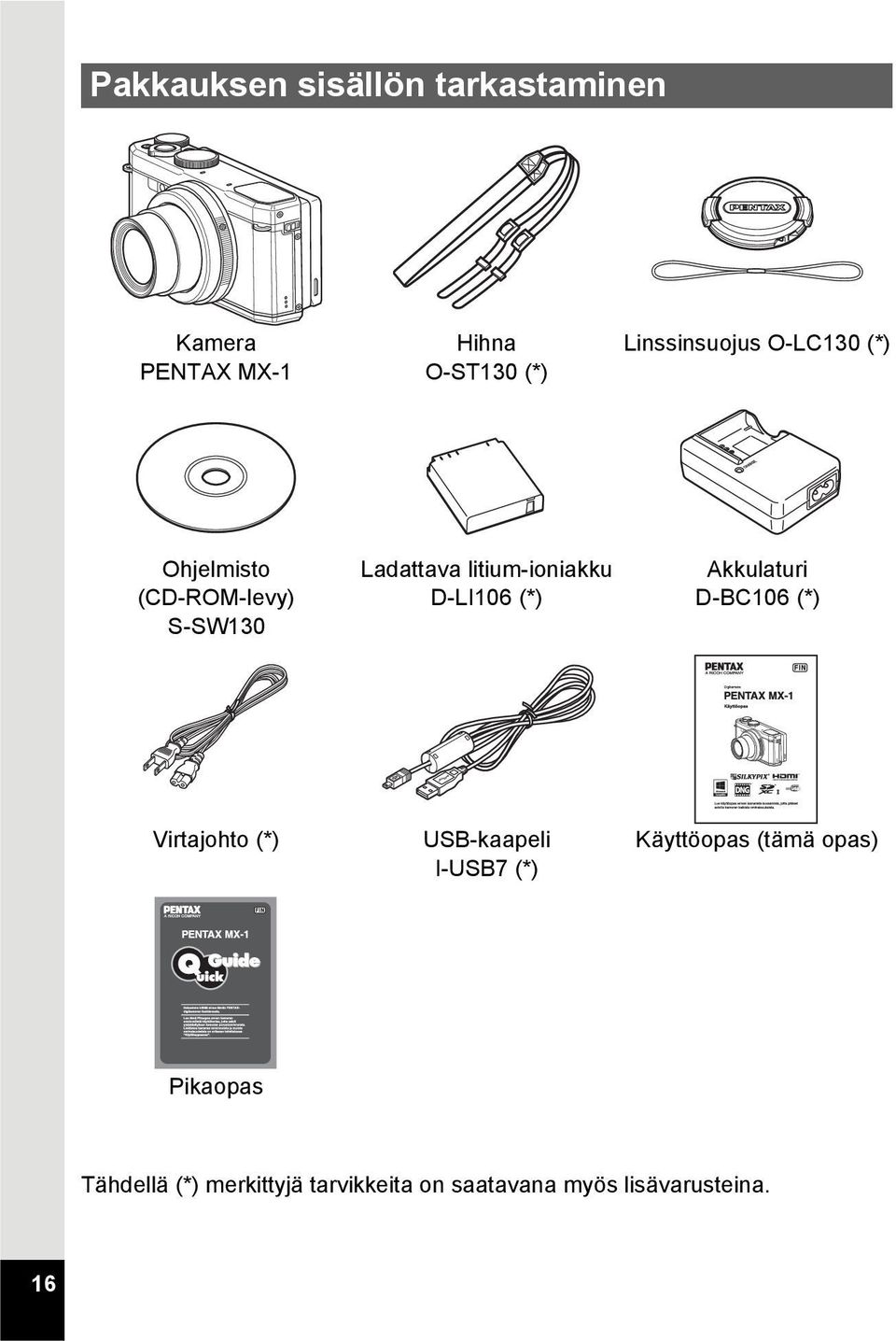 litium-ioniakku D-LI106 (*) Akkulaturi D-BC106 (*) Virtajohto (*) USB-kaapeli