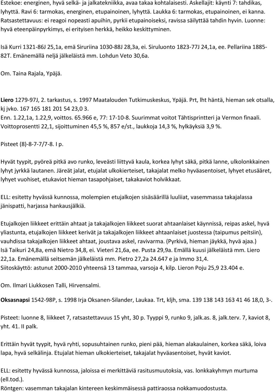 Luonne: hyvä eteenpäinpyrkimys, ei erityisen herkkä, heikko keskittyminen. Isä Kurri 1321 86J 25,1a, emä Siruriina 1030 88J 28,3a, ei. Siruluonto 1823 77J 24,1a, ee. Pellariina 1885 82T.