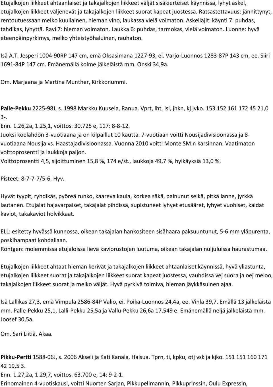 Laukka 6: puhdas, tarmokas, vielä voimaton. Luonne: hyvä eteenpäinpyrkimys, melko yhteistyöhaluinen, rauhaton. Isä A.T. Jesperi 1004 90RP 147 cm, emä Oksasimana 1227 93, ei.