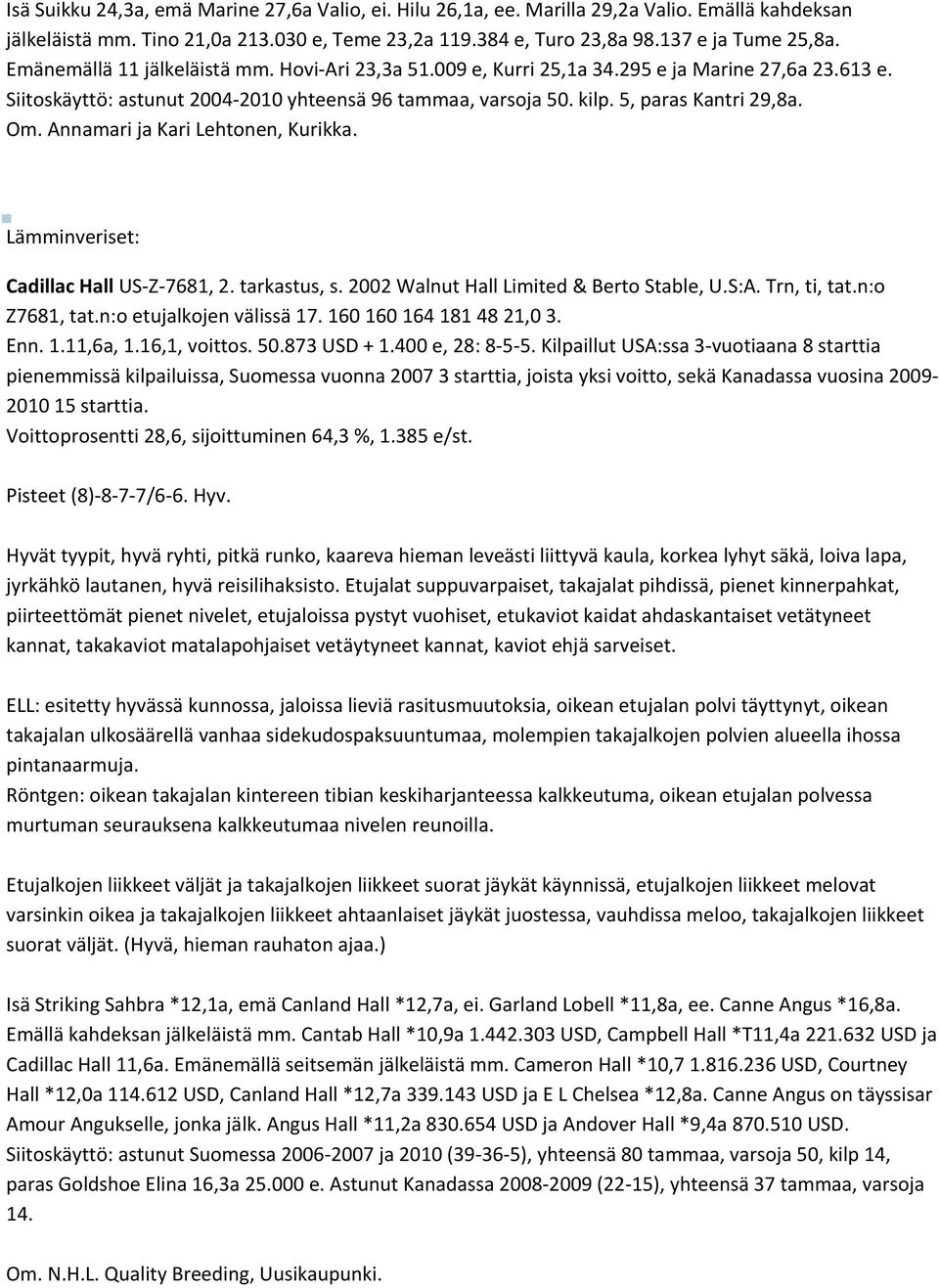 Annamari ja Kari Lehtonen, Kurikka. Lämminveriset: Cadillac Hall US Z 7681, 2. tarkastus, s. 2002 Walnut Hall Limited & Berto Stable, U.S:A. Trn, ti, tat.n:o Z7681, tat.n:o etujalkojen välissä 17.