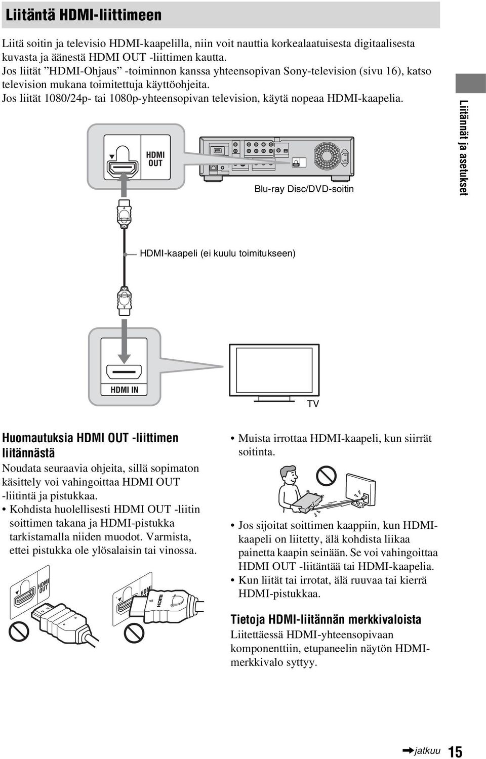 Jos liität 1080/24p- tai 1080p-yhteensopivan television, käytä nopeaa HDMI-kaapelia.