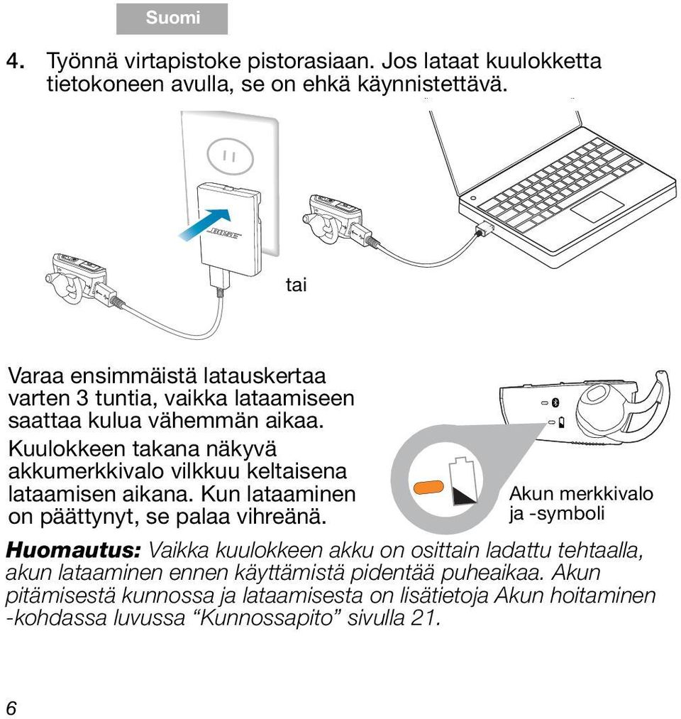 tai Varaa ensimmäistä latauskertaa varten 3 tuntia, vaikka lataamiseen saattaa kulua vähemmän aikaa.