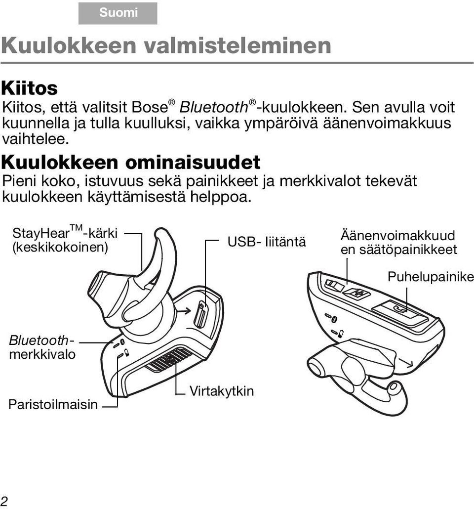 Kuulokkeen ominaisuudet Pieni koko, istuvuus sekä painikkeet ja merkkivalot tekevät kuulokkeen käyttämisestä helppoa.