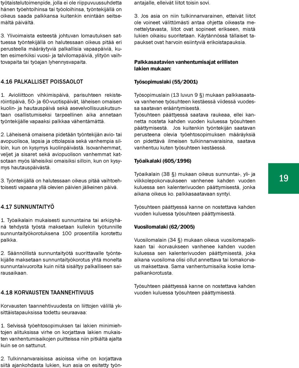 ylityön vaihtovapaita tai työajan lyhennysvapaita. 4.16 PALKALLISET POISSAOLOT 1.