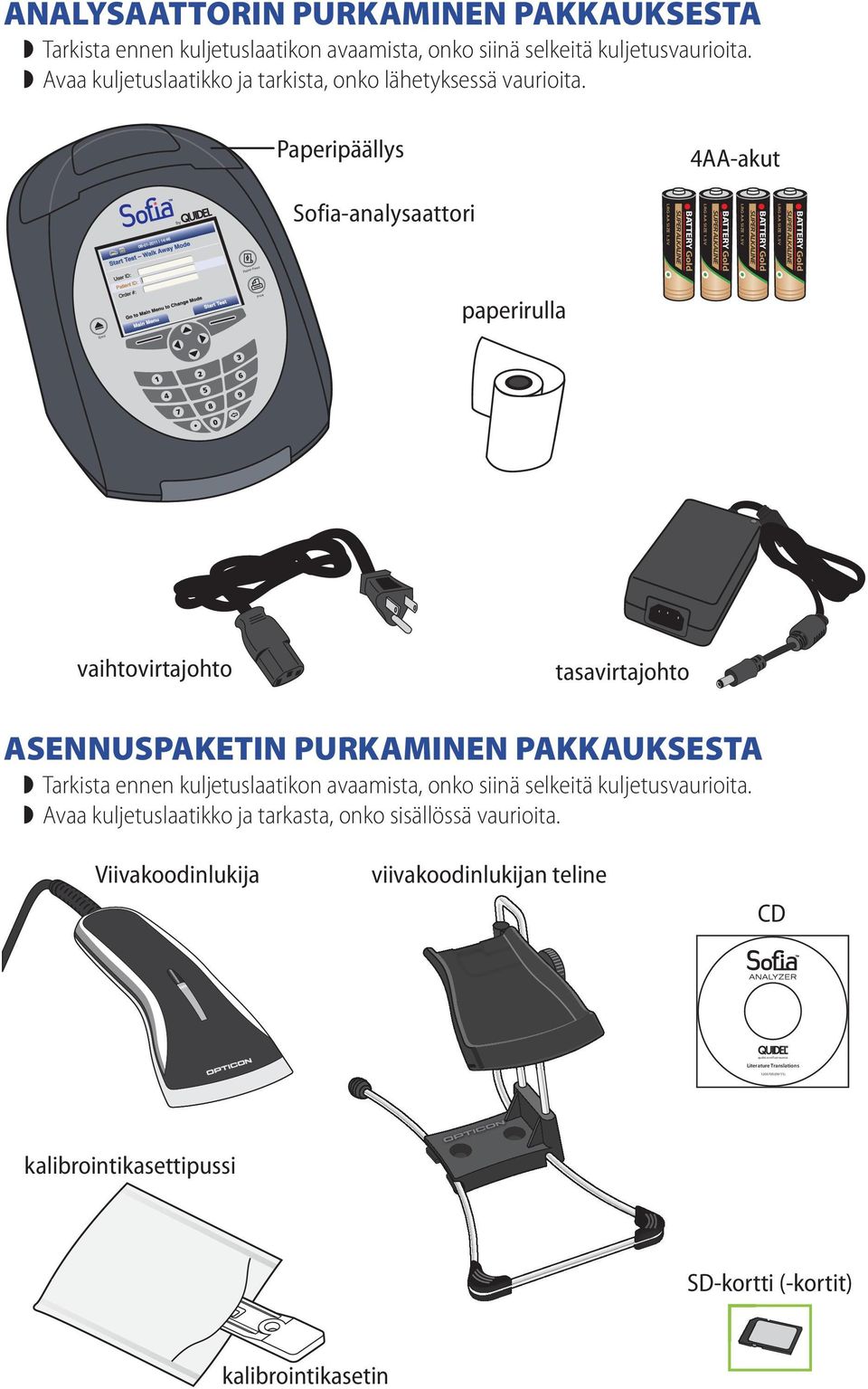 Paperipäällys 4AA-akut by Paper Feed Sofia-analysaattori Print paperirulla Eject vaihtovirtajohto tasavirtajohto ASENNUSPAKETIN PURKAMINEN PAKKAUKSESTA Tarkista