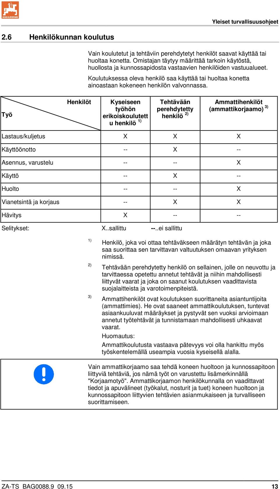 Koulutuksessa oleva henkilö saa käyttää tai huoltaa konetta ainoastaan kokeneen henkilön valvonnassa.