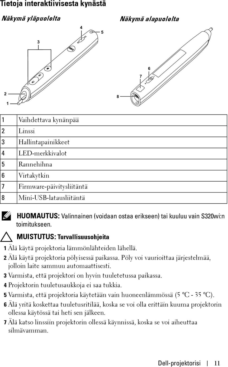 MUISTUTUS: Turvallisuusohjeita 1 Älä käytä projektoria lämmönlähteiden lähellä. 2 Älä käytä projektoria pölyisessä paikassa. Pöly voi vaurioittaa järjestelmää, jolloin laite sammuu automaattisesti.