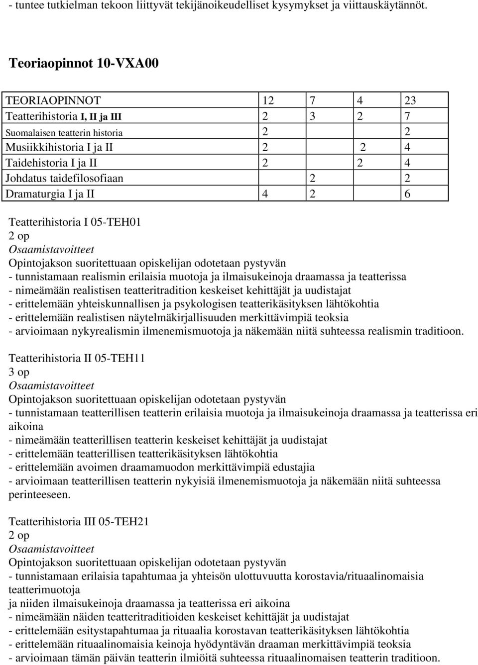 taidefilosofiaan 2 2 Dramaturgia I ja II 4 2 6 Teatterihistoria I 05-TEH01 Opintojakson suoritettuaan opiskelijan odotetaan pystyvän - tunnistamaan realismin erilaisia muotoja ja ilmaisukeinoja