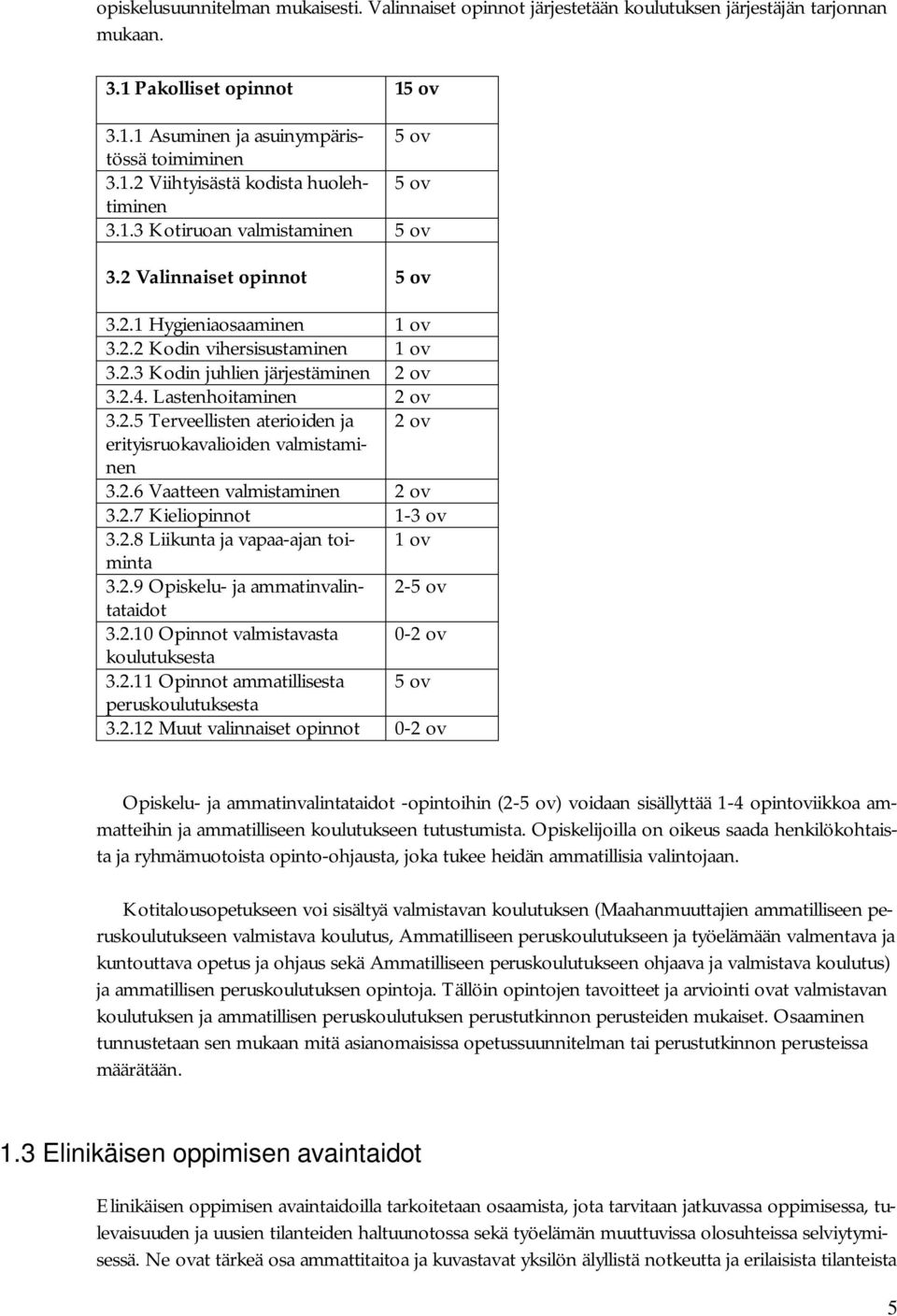 2.6 Vaatteen valmistaminen 2 ov 3.2.7 Kieliopinnot 1-3 ov 3.2.8 Liikunta ja vapaa-ajan toiminta 1 ov 3.2.9 Opiskelu- ja ammatinvalintataidot 2-5 ov 3.2.10 Opinnot valmistavasta 0-2 ov koulutuksesta 3.