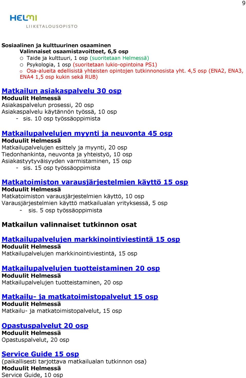 4,5 osp (ENA2, ENA3, ENA4 1,5 osp kukin sekä RUB) Matkailun asiakaspalvelu 30 osp Moduulit Helmessä Asiakaspalvelun prosessi, 20 osp Asiakaspalvelu käytännön työssä, 10 osp - sis.