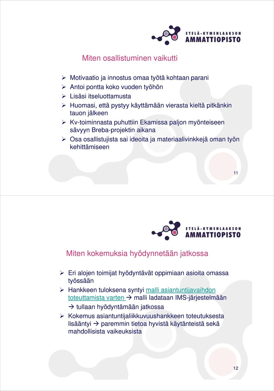 11 Miten kokemuksia hyödynnetään jatkossa Eri alojen toimijat hyödyntävät oppimiaan asioita omassa työssään Hankkeen tuloksena syntyi malli asiantuntijavaihdon toteuttamista varten