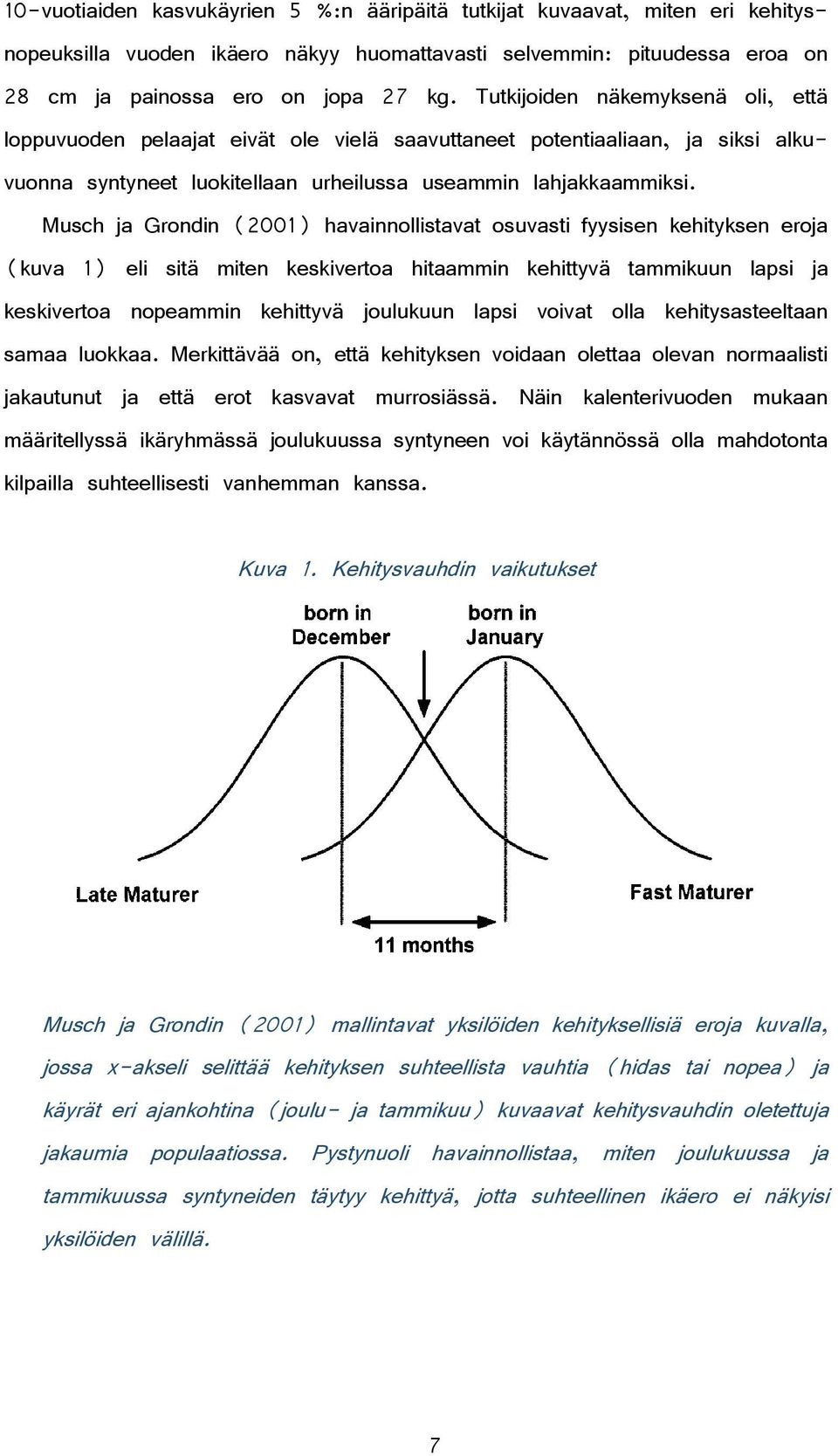 Musch ja Grondin (2001) havainnollistavat osuvasti fyysisen kehityksen eroja (kuva 1) eli sitä miten keskivertoa hitaammin kehittyvä tammikuun lapsi ja keskivertoa nopeammin kehittyvä joulukuun lapsi