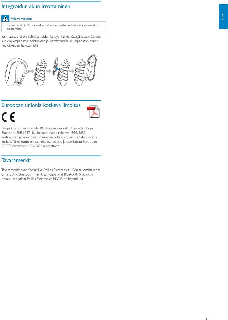 Euroopan unionia koskeva ilmoitus Philips Consumer Lifestyle, BG Accessories vakuuttaa, että Philips Bluetooth SHB6017 -kuulokkeet ovat direktiivin 1999/5/EC vaatimusten ja säännösten mukainen niiltä