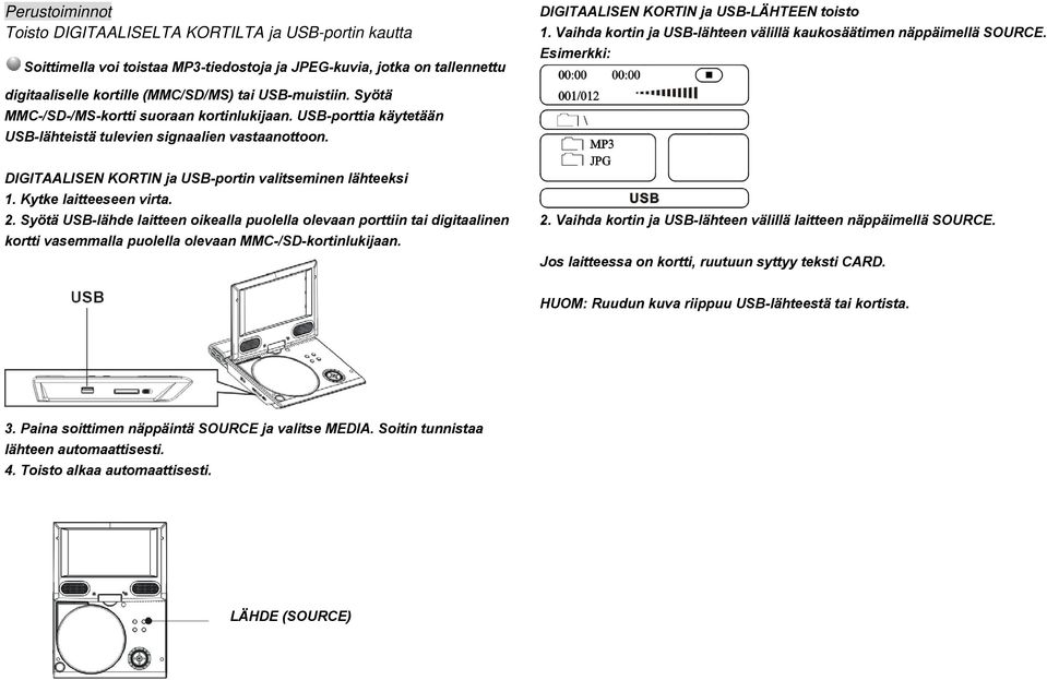 USB-porttia käytetään USB-lähteistä tulevien signaalien vastaanottoon. DIGITAALISEN KORTIN ja USB-portin valitseminen lähteeksi 1. Kytke laitteeseen virta. 2.