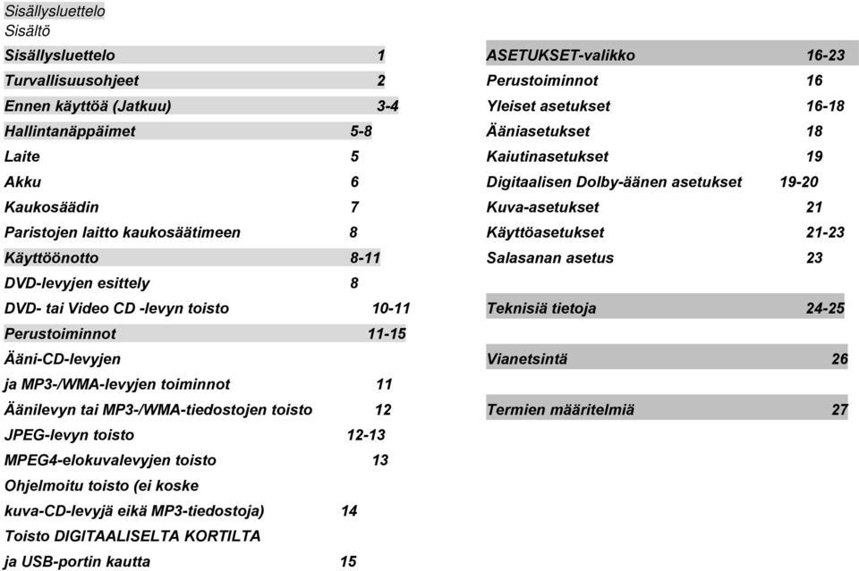 MPEG4-elokuvalevyjen toisto 13 Ohjelmoitu toisto (ei koske kuva-cd-levyjä eikä MP3-tiedostoja) 14 Toisto DIGITAALISELTA KORTILTA ja USB-portin kautta 15 ASETUKSET-valikko 16-23 Perustoiminnot 16