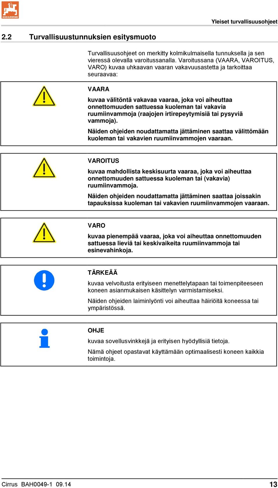 vakavia ruumiinvammoja (raajojen irtirepeytymisiä tai pysyviä vammoja). Näiden ohjeiden noudattamatta jättäminen saattaa välittömään kuoleman tai vakavien ruumiinvammojen vaaraan.