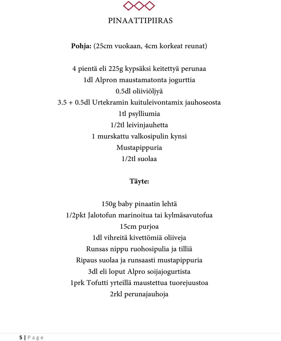 5dl Urtekramin kuituleivontamix jauhoseosta 1tl psylliumia 1/2tl leivinjauhetta 1 murskattu valkosipulin kynsi Mustapippuria 1/2tl suolaa Täyte: 150g