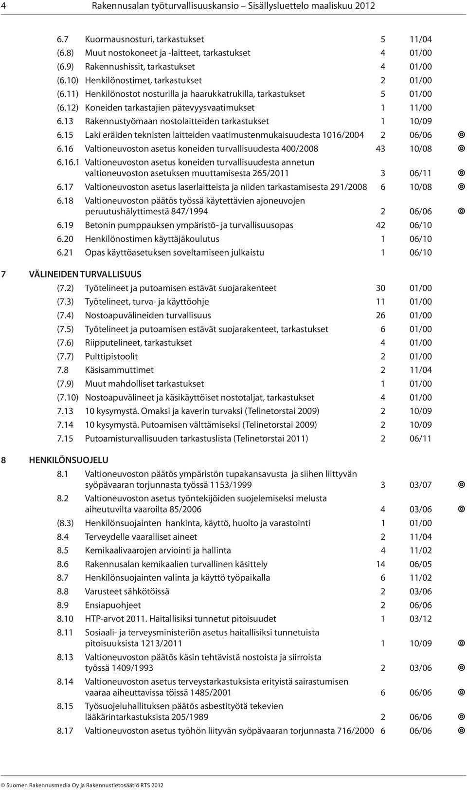 12) Koneiden tarkastajien pätevyysvaatimukset 1 11/00 6.13 Rakennustyömaan nostolaitteiden tarkastukset 1 10/09 6.15 Laki eräiden teknisten laitteiden vaatimustenmukaisuudesta 1016/2004 2 06/06 6.