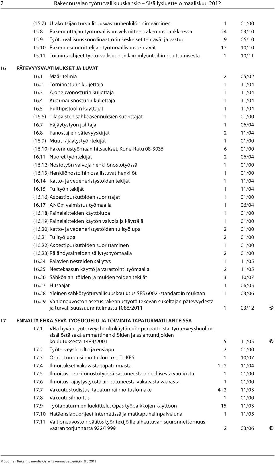 10 Rakennesuunnittelijan työturvallisuustehtävät 12 10/10 15.11 Toimintaohjeet työturvallisuuden laiminlyönteihin puuttumisesta 1 10/11 16 PÄTEVYYSVAATIMUKSET JA LUVAT 16.1 Määritelmiä 2 05/02 16.