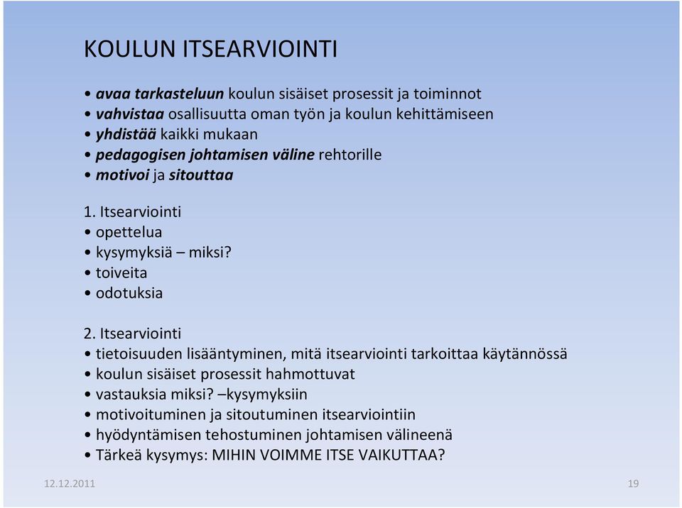 Itsearviointi tietoisuuden lisääntyminen, mitä itsearviointi tarkoittaa käytännössä koulun sisäiset prosessit hahmottuvat vastauksia miksi?