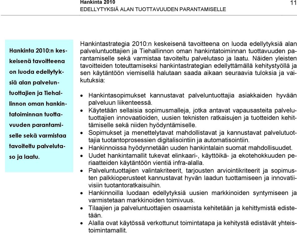 Hankintastrategia 2010:n keskeisenä tavoitteena on luoda edellytyksiä alan palveluntuottajien ja Tiehallinnon oman hankintatoiminnan tuottavuuden  Näiden yleisten tavoitteiden toteuttamiseksi