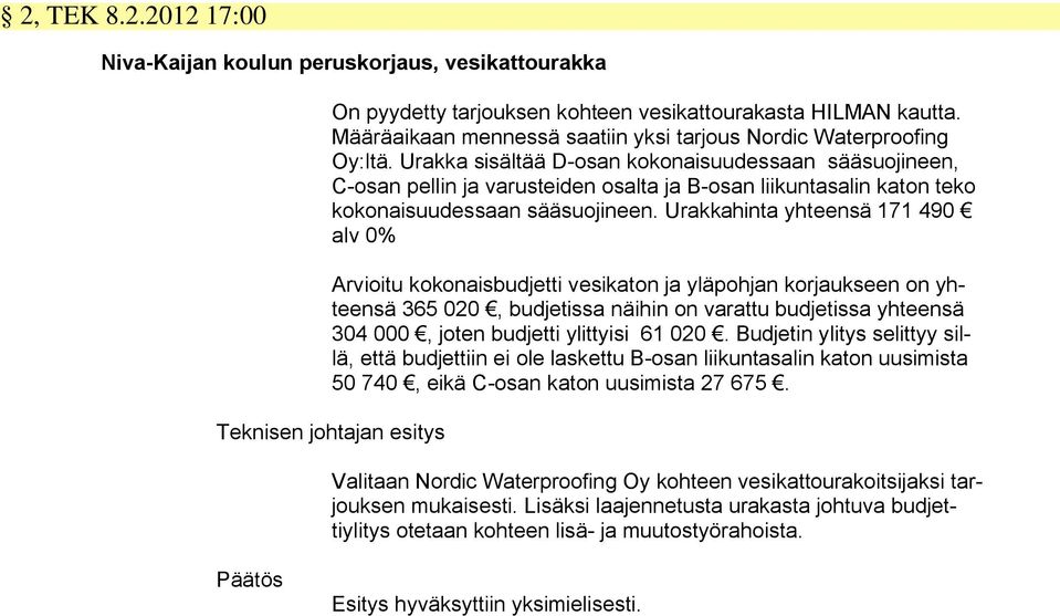 Urakka sisältää D-osan kokonaisuudessaan sääsuojineen, C-osan pellin ja varusteiden osalta ja B-osan liikuntasalin katon teko kokonaisuudessaan sääsuojineen.