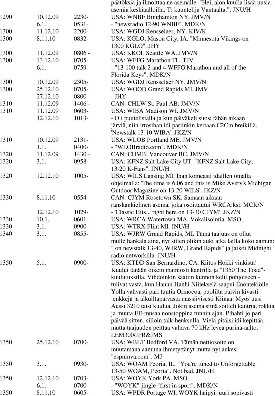 12.10 0705- USA: WFFG Marathon FL. TJV 6.1. 0759- - "13-100 talk 2 and 4 WFFG Marathon and all of the Florida Keys". MDK/N 1300 10.12.09 2305- USA: WGDJ Rensselaer NY. JMV/N 1300 25.12.10 0705- USA: WOOD Grand Rapids MI.