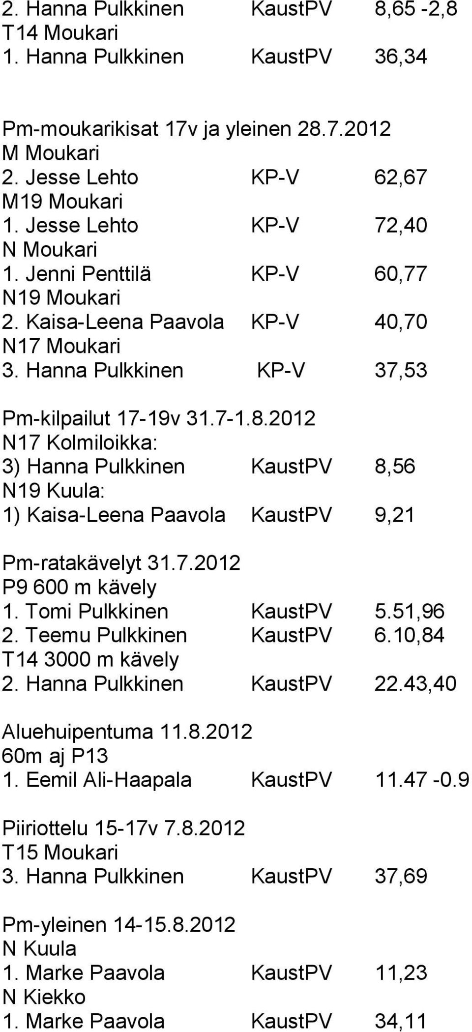 2012 N17 Kolmiloikka: 3) Hanna Pulkkinen KaustPV 8,56 N19 Kuula: 1) Kaisa-Leena Paavola KaustPV 9,21 Pm-ratakävelyt 31.7.2012 P9 600 m kävely 1. Tomi Pulkkinen KaustPV 5.51,96 2.