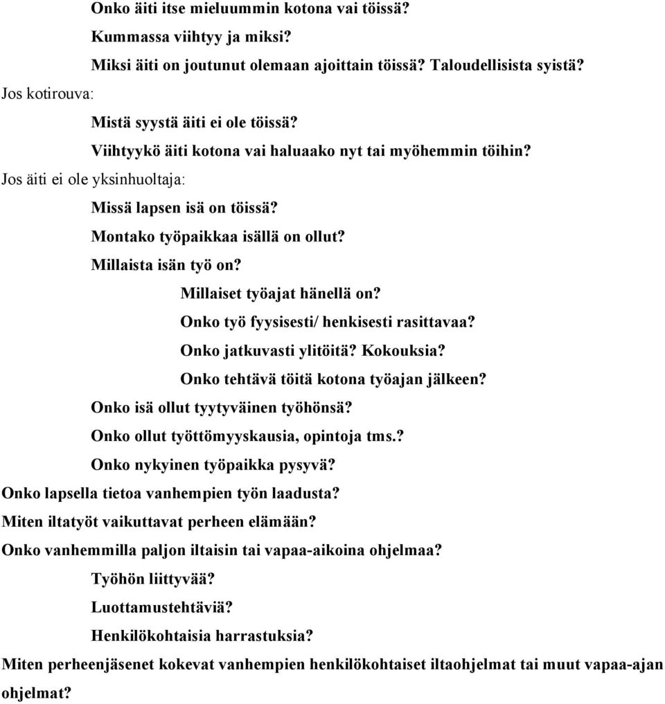 Millaiset työajat hänellä on? Onko työ fyysisesti/ henkisesti rasittavaa? Onko jatkuvasti ylitöitä? Kokouksia? Onko tehtävä töitä kotona työajan jälkeen? Onko isä ollut tyytyväinen työhönsä?